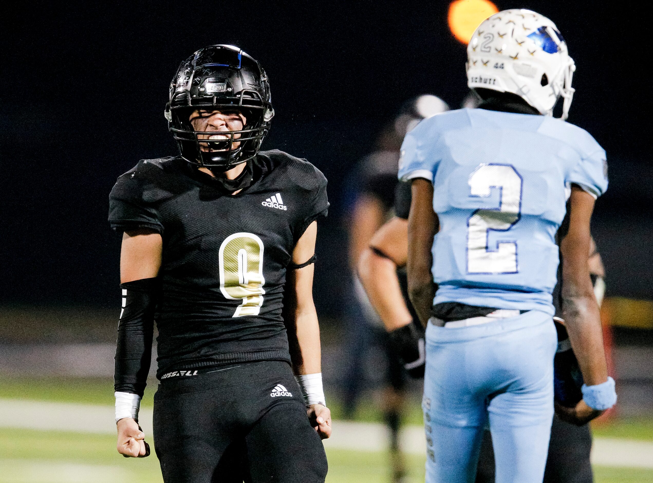 Kaufman junior linebacker Carlos Ramirez (9) celebrates sacking Wilmer-Hutchins senior...