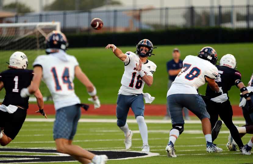 Sachse QB Brenden George (16) throws a pass during the first quarter of a high school...