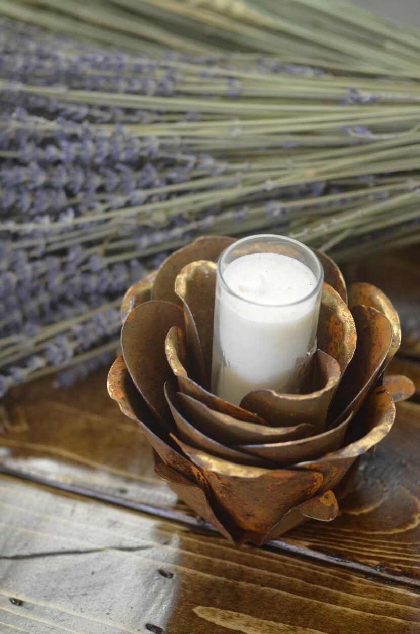 
Rusted tin rosette votive holders start at $15 each at Richardson Mercantile, Richardson.
