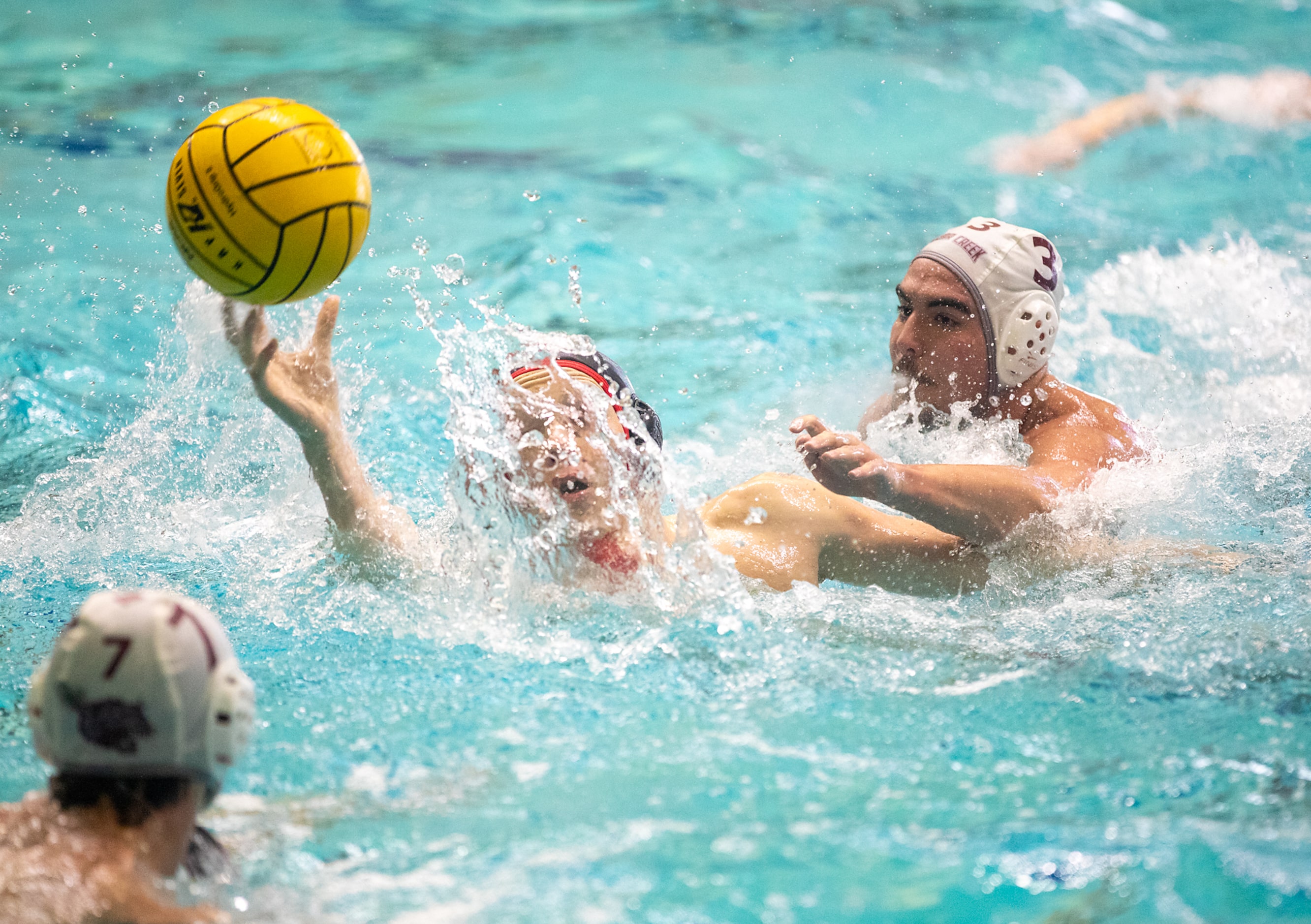 Flower Mound Marcus attacker Owen Kroh battles for the ball against Clear Creek utility...