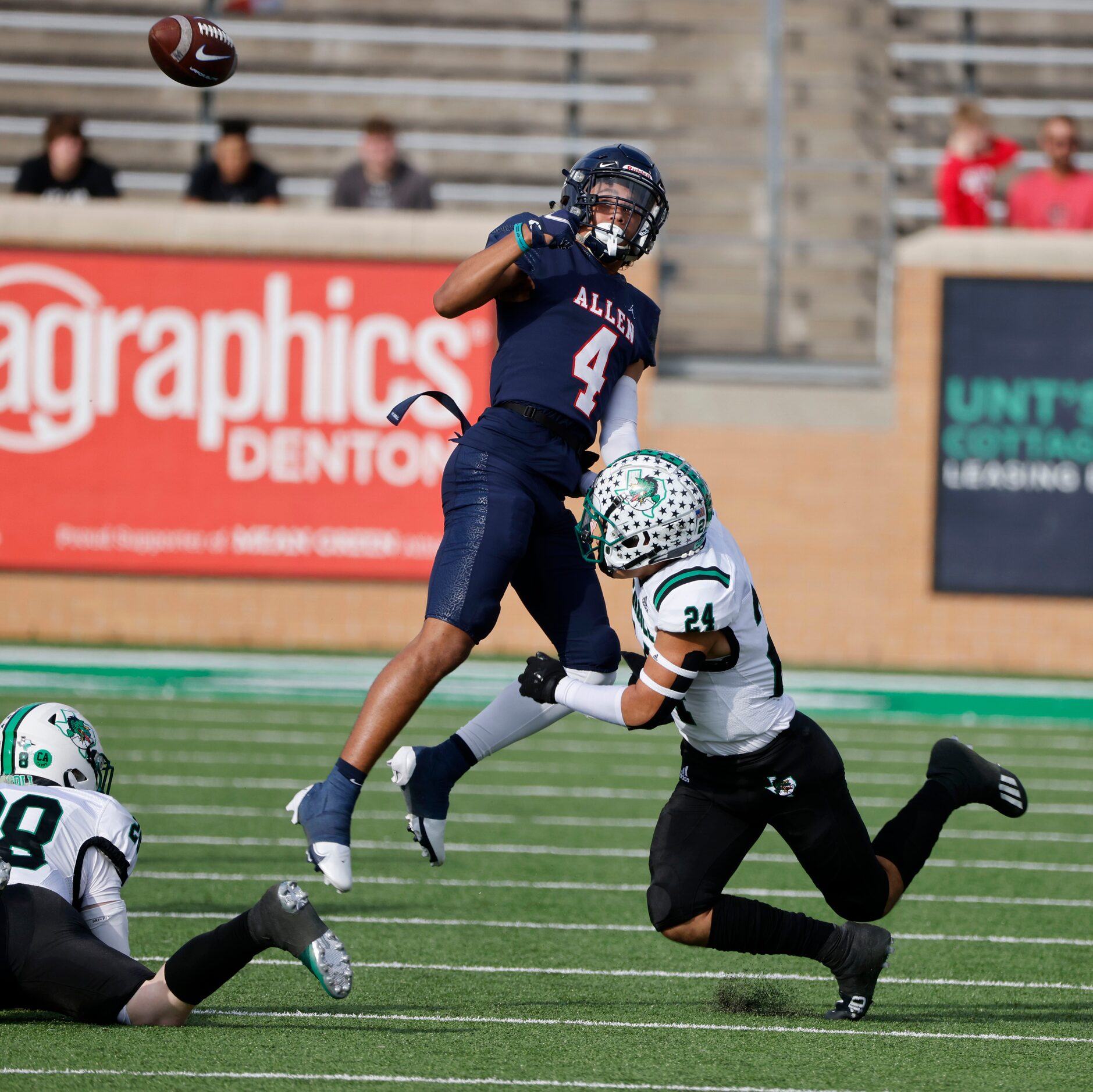 Southlake’s Max Reyes (24) forces a fumble by Allen’s Jordyn Tyson (4) resulting in a...