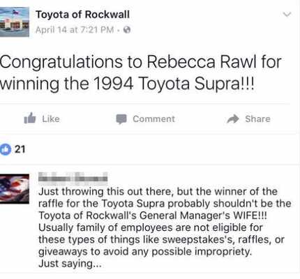 A screenshot of Toyota of Rockwall's Facebook post before a comment noting the raffle...