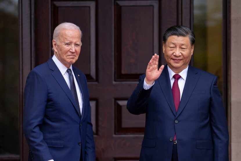 President Joe Biden greets China's President President Xi Jinping at the Filoli Estate in...
