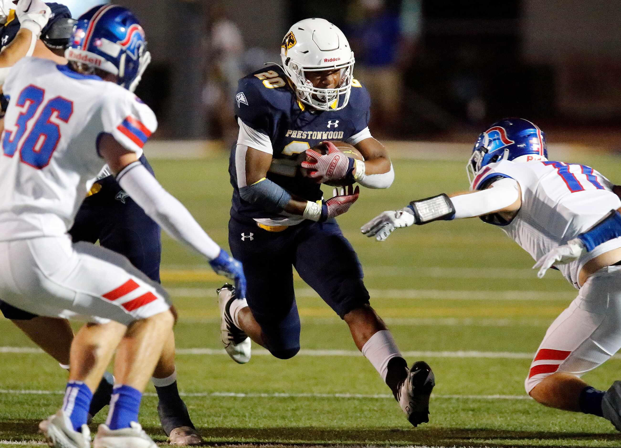 Prestonwood Christian Academy running back AJ Sibley (20) carries the football during the...