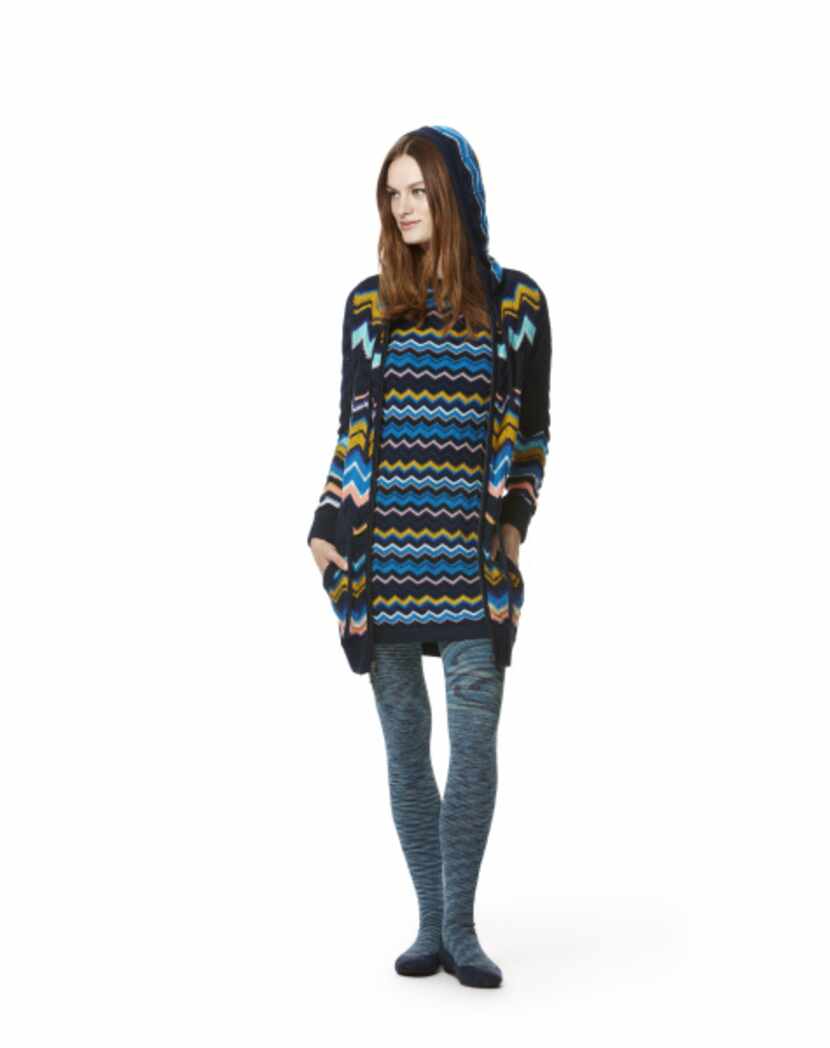 Knit hoodie, $49.99; short-sleeve knit dress, $54.99; space-dye tights, $16.