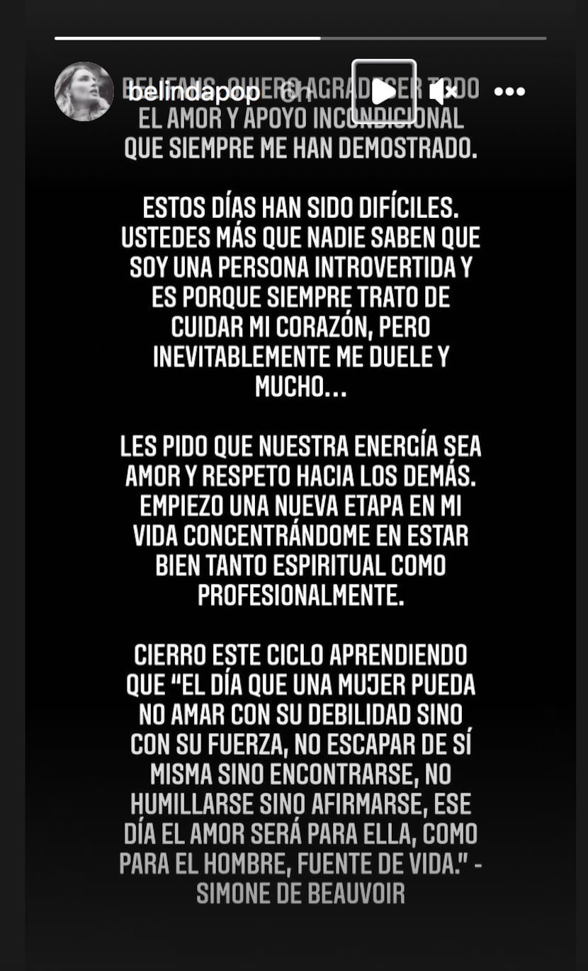 Captura de pantalla del mensaje de Belinda en sus stories de Instagram