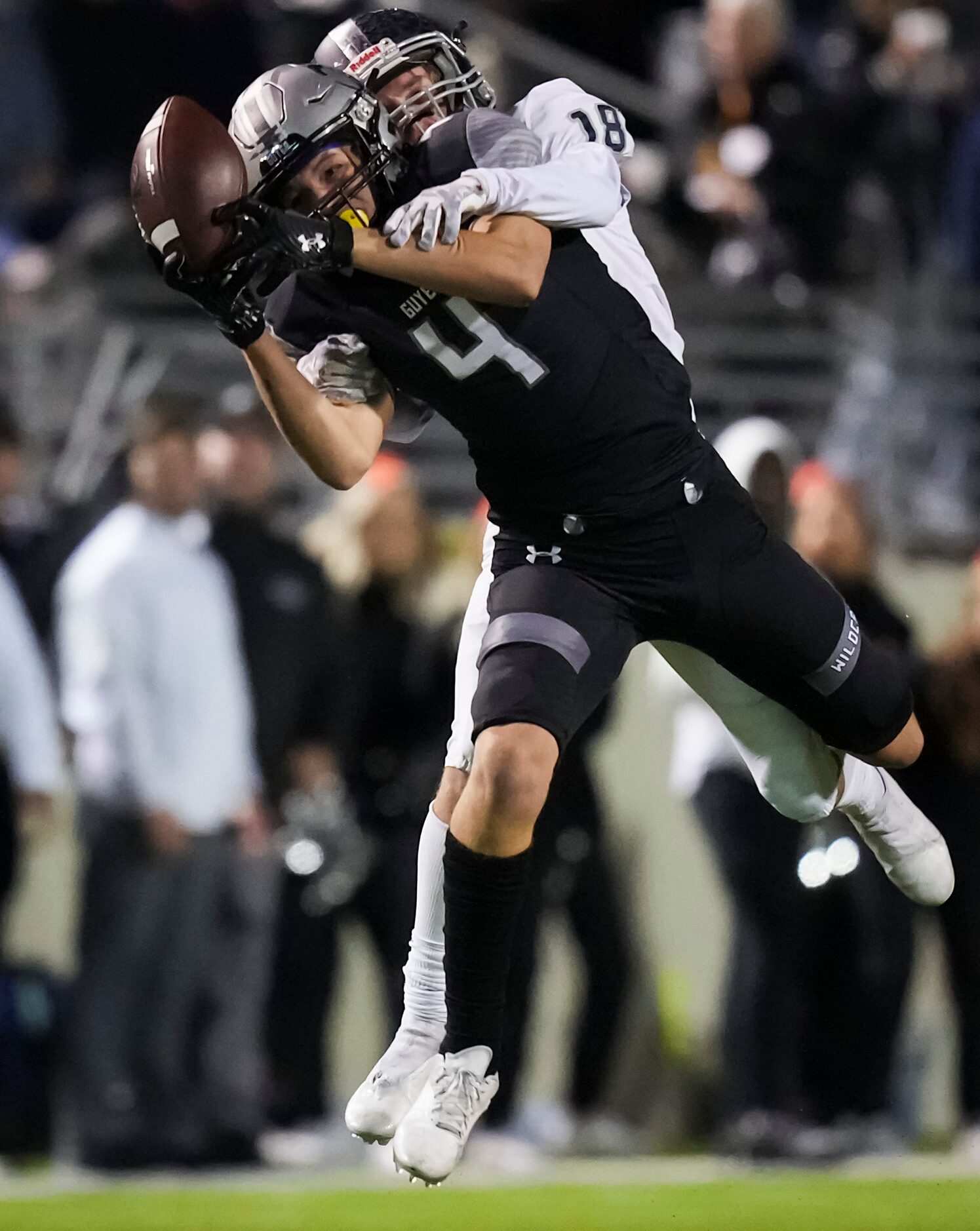 Denton Guyer wide receiver Brody Noble (4) can’t make a catch as Flower Mound cornerback...