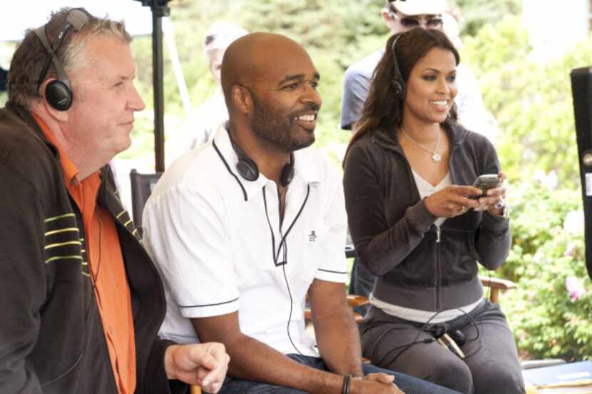 Producer Michael Mahoney, director Salim Akil and producer Tracey Edmonds on the set of...