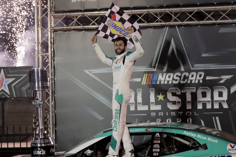 Chase Elliott celebrates after winning a NASCAR All-Star auto race at Bristol Motor Speedway...