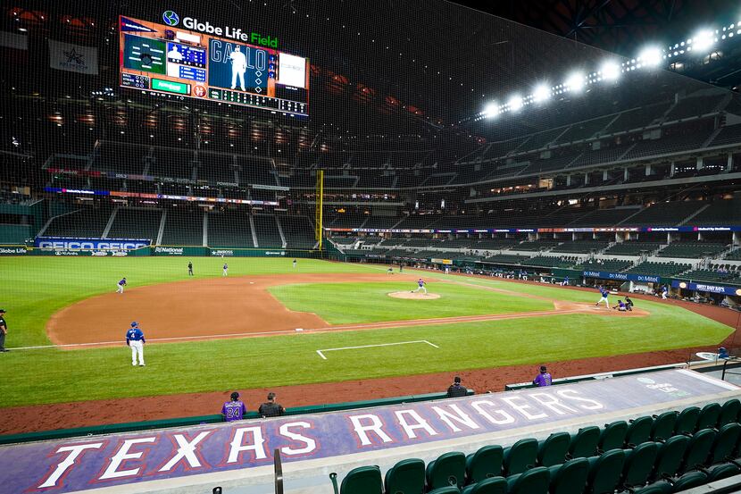 Texas Rangers outfielder Joey Gallo bats during the seventh inning of an exhibition game ...
