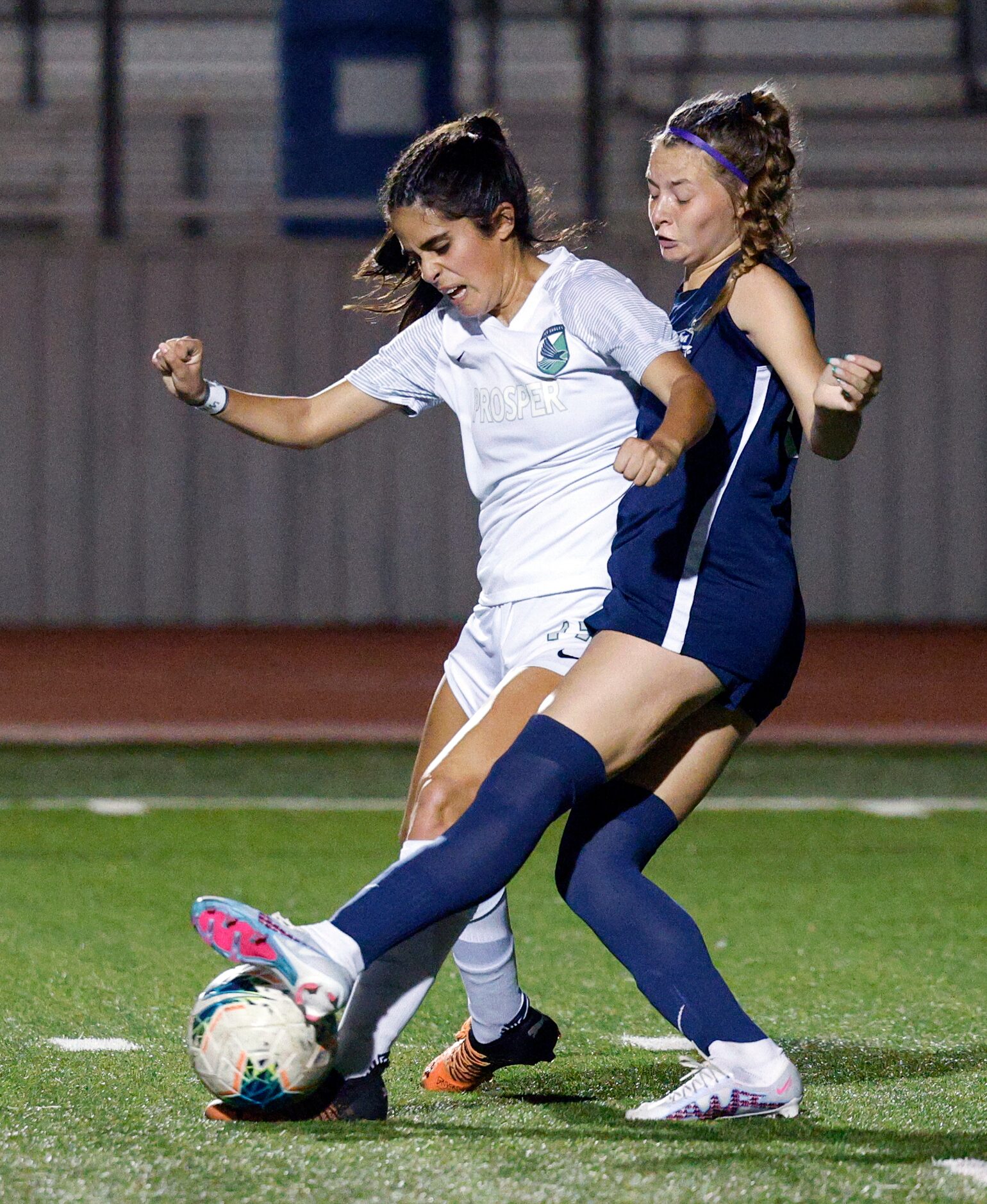 Flower Mound defender Sawyer Kohutek (4) tackles the ball away from Prosper Isabella Fregoso...