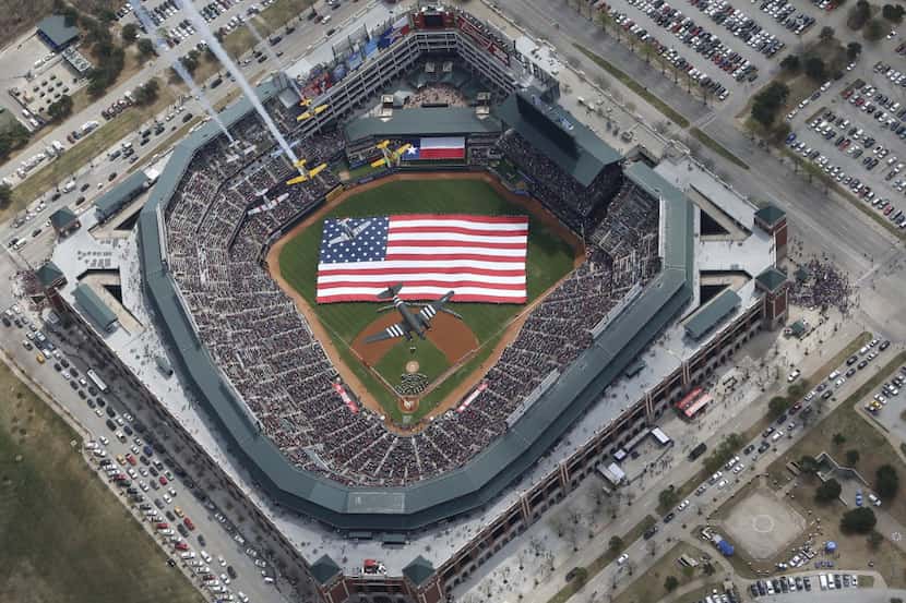 A look at the Globe Life Park as the Warbirds from Cavanaugh Flight Museum fly overhead...