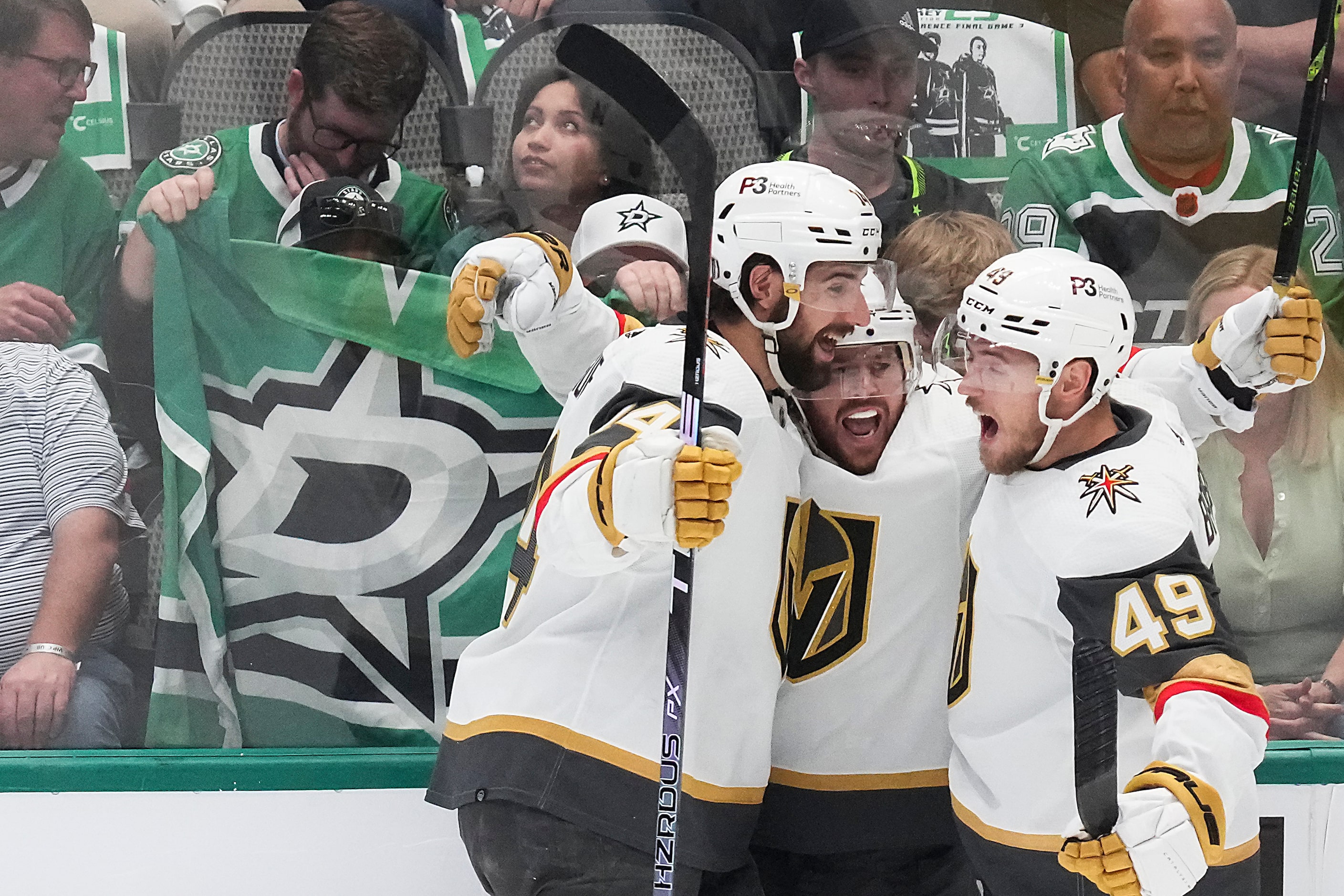 Vegas Golden Knights right wing Jonathan Marchessault (81) celebrates with defenseman...