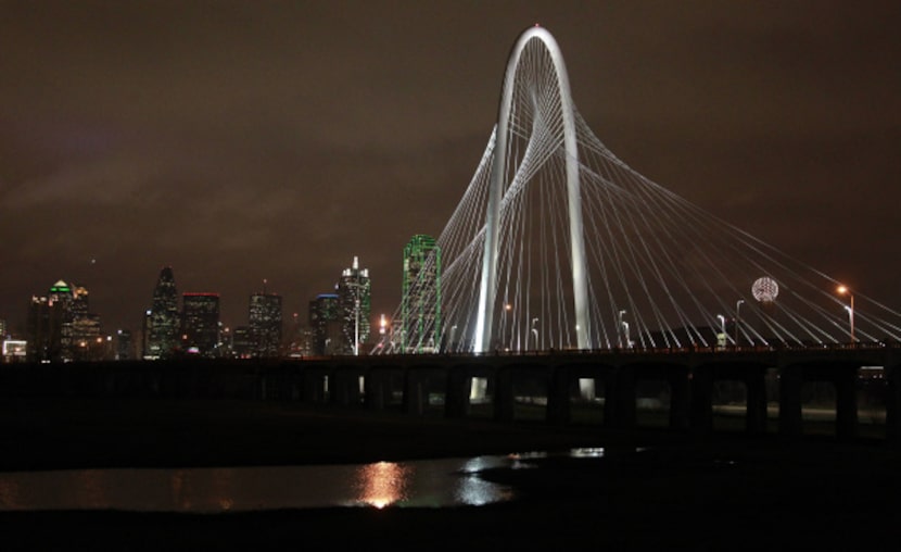 The new Calatrava bridge, named the Margaret Hunt Hill Bridge, after lighting ceremonies, in...