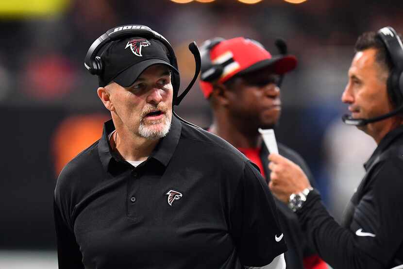 Head coach Dan Quinn of the Atlanta Falcons on the sideline September 30, 2018 in Atlanta,...