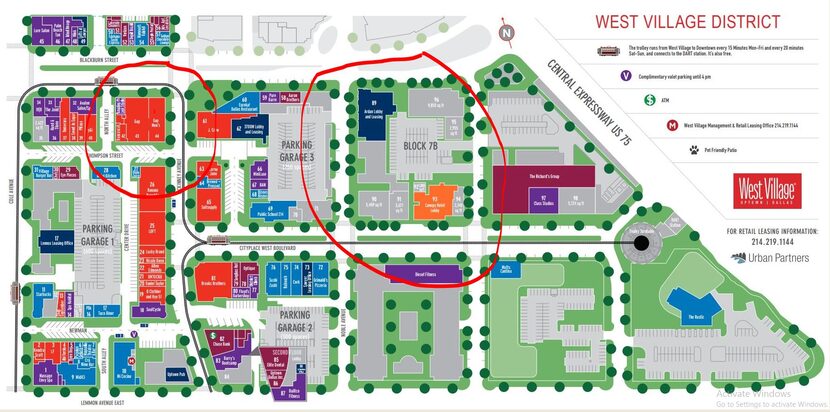 The Gap space faces McKinney Avenue (circle on the left). The new block with the Canopy by...