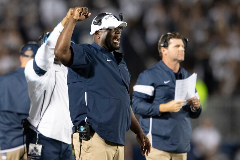 In this Sept. 7, 2019, file photo, then-Penn State defensive line coach Sean Spencer talks...