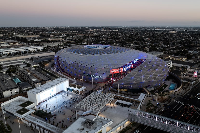 An aerial view shows the Intuit Dome, the new home of the Los Angeles Clippers, Monday, Oct....