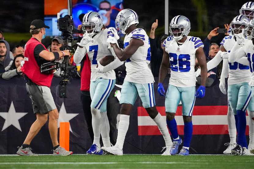 Dallas Cowboys cornerback Trevon Diggs (7)celebrates after he intercepted a pass and returns...