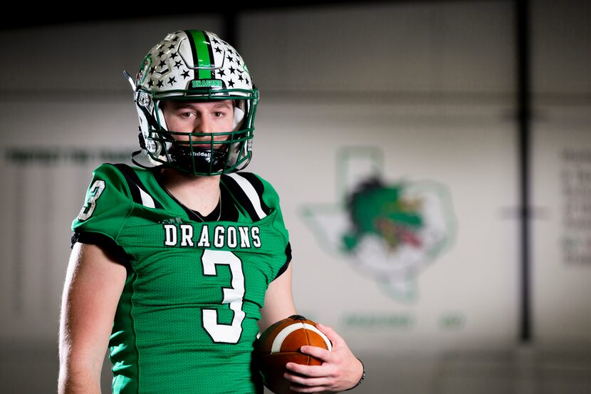 Southlake junior quarterback Quinn Ewers poses for a photo at Southlake High School,...