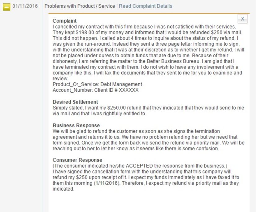 An example of one of the more than 100 Better Business Bureau complaints filed against...