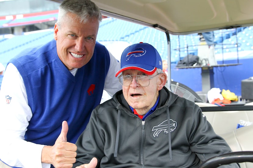 FILE - In this Sept. 13, 2015, file photo, Buffalo Bills head coach Rex Ryan, left, visits...