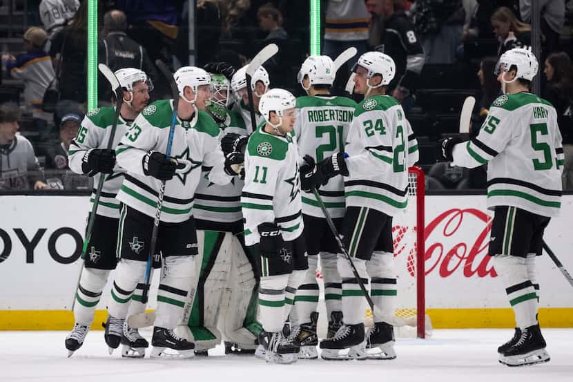 The Stars celebrated a win over the Los Angeles Kings on Saturday, March 9, 2024, in Los...
