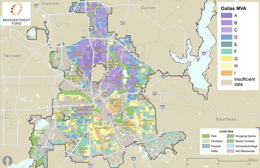 From the market value analysis map of Dallas, where purples indicate health and oranges and...