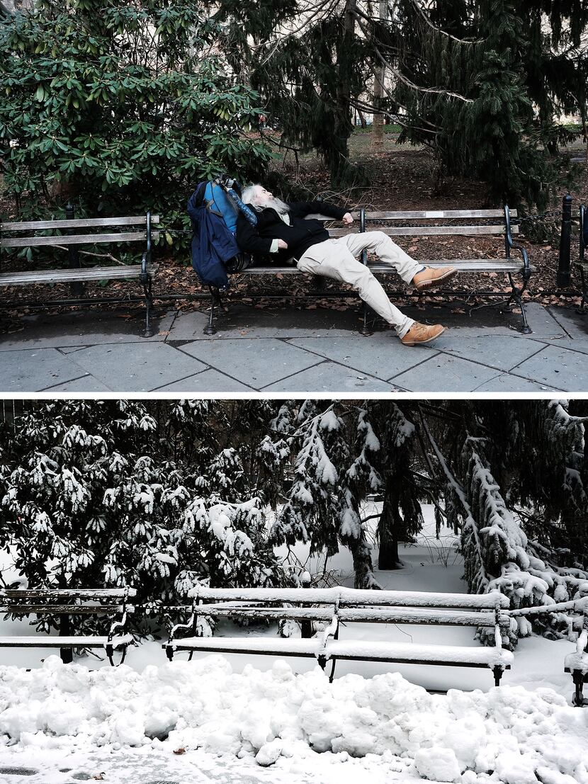 (TOP PHOTO) A man rests on a park bench in Manhattan on an unseasonably warm afternoon with...