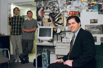 Computer whiz Michael Dell, shown in 1999, sits in the University of Texas dorm room where,...