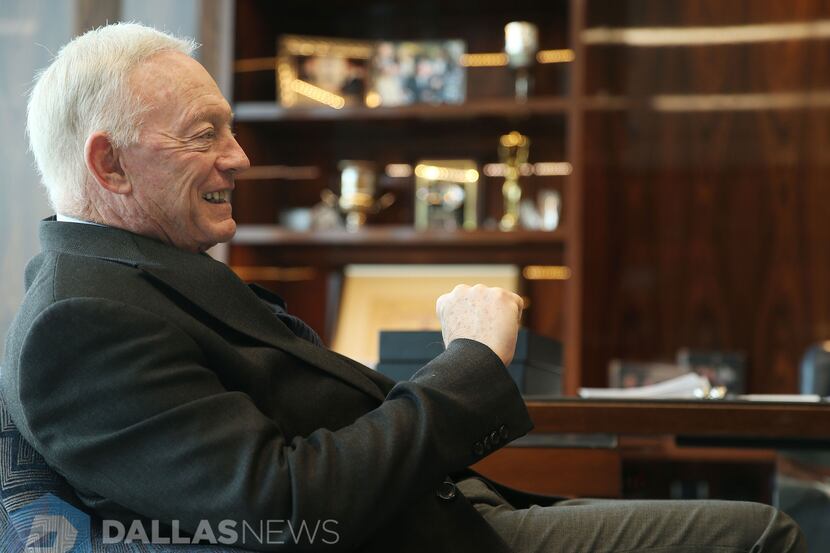 Jerry Jones, owner, president, and general manager of the Dallas Cowboys, speaks with Barry...