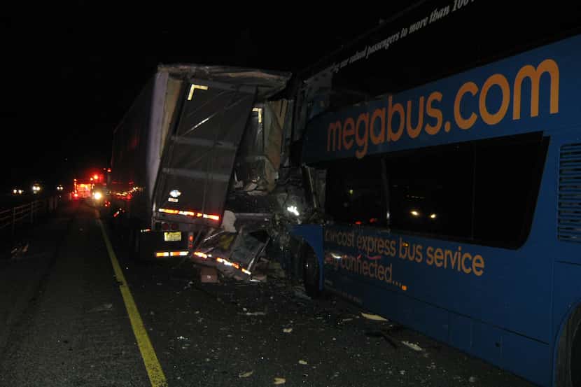 Two buses, including a Megabus, were involved in a crash with a semitractor-trailer on...