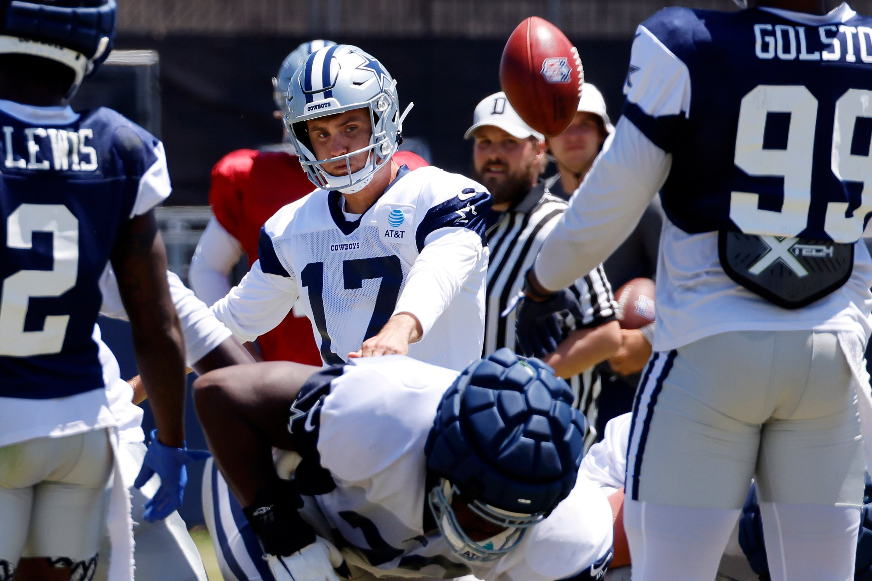 Dallas Cowboys place kicker Brandon Aubrey (17) kicks and makes a field goal during the...