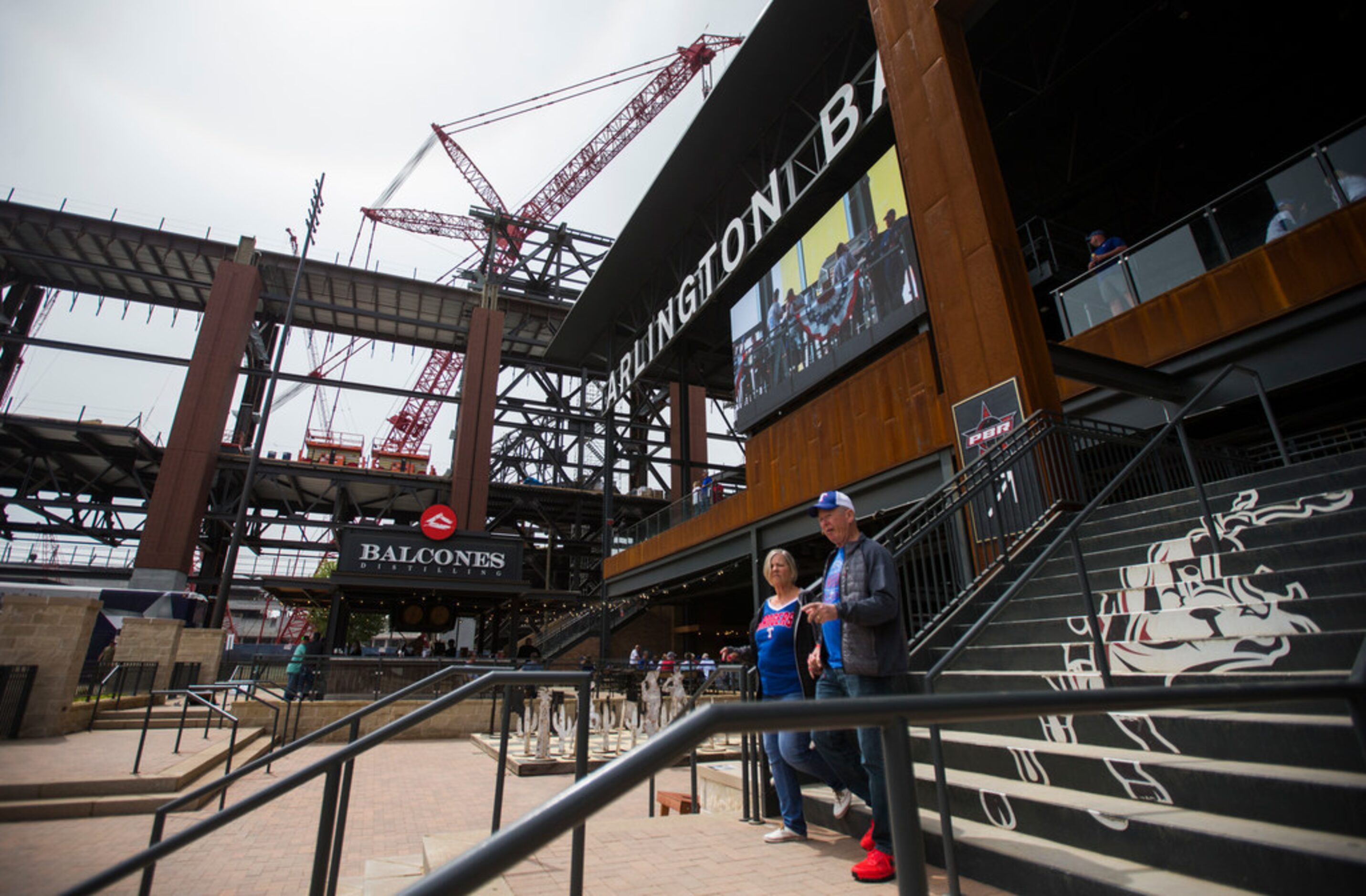 Construction of the new Globe Life Field is shown as fans celebrate Texas Rangers Opening...