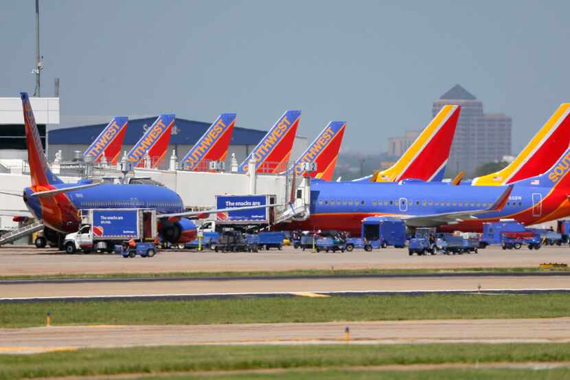 Aviones Boeing 737 de la aerolínea Southwest Airlines, en el aeropuerto Love Field de...