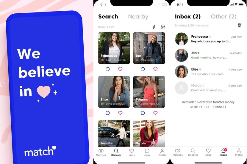 Match.com's dating app, which shows a reminder for consumers to avoid potentially fraudulent...