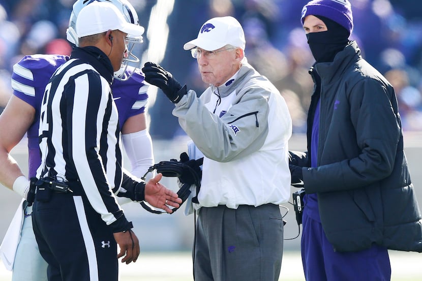 Kansas State head coach Bill Snyder argues a call last in the game against Kansas at Snyder...