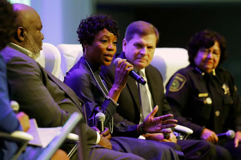 Dallas Police Chief U. Renee Hall speaks on the panel during the Blue on the Block community...