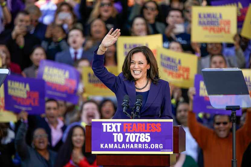 Democratic Sen. Kamala Harris of California waved to the crowd as she formally launched her...