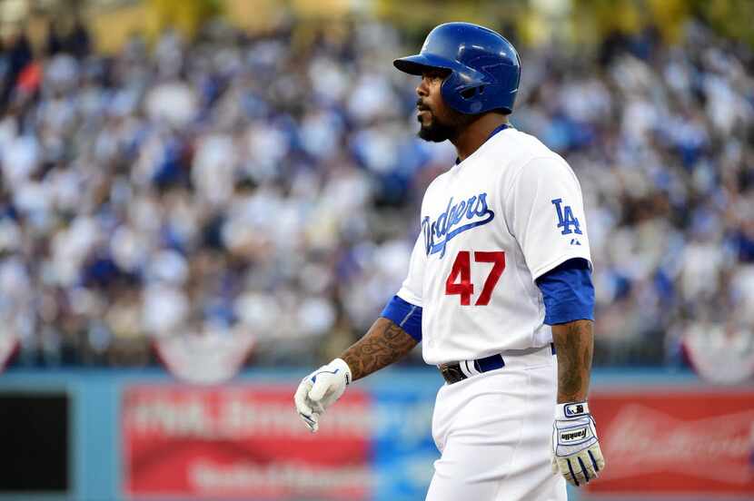 LOS ANGELES, CA - OCTOBER 15:  Howie Kendrick #47 of the Los Angeles Dodgers looks on in the...