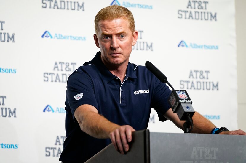 Dallas Cowboys head coach Jason Garrett addresses the media after a loss to the Buffalo...