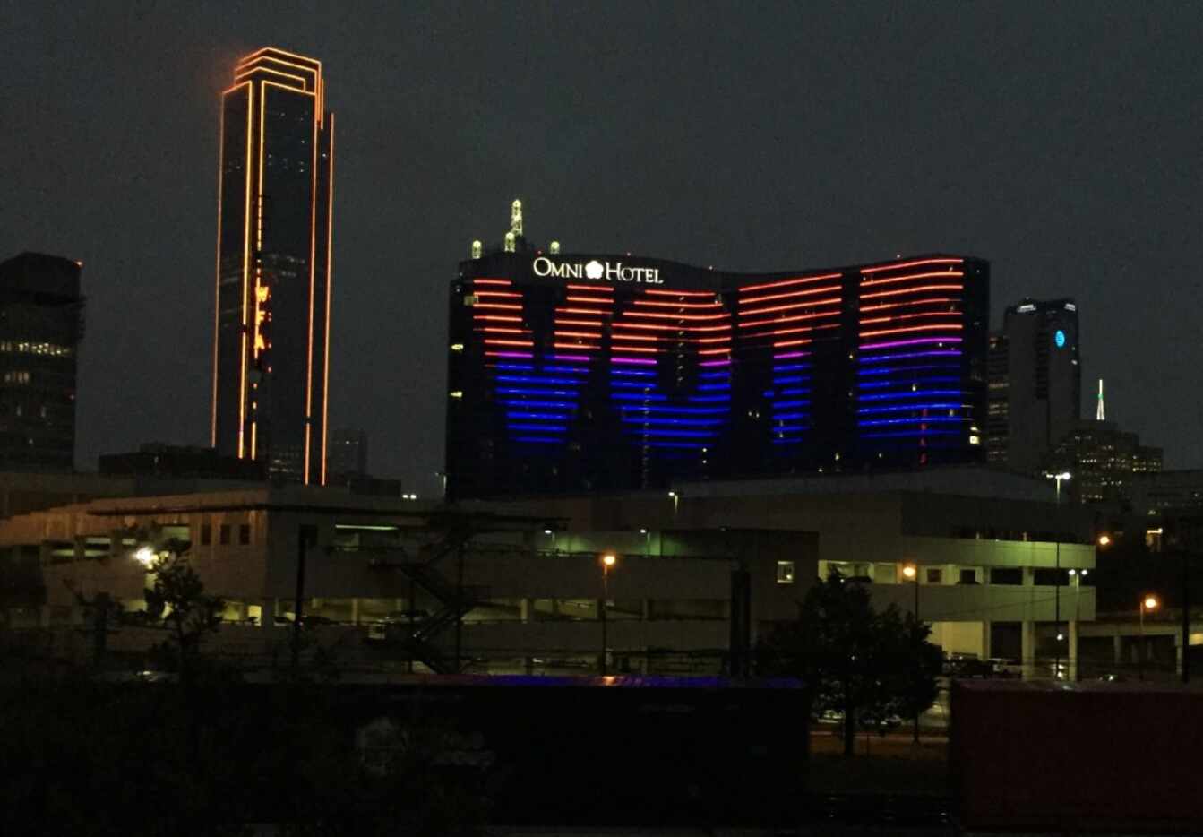 The Omni Dallas Hotel displayed "VOTE" on its hotel early Tuesday morning in downtown...