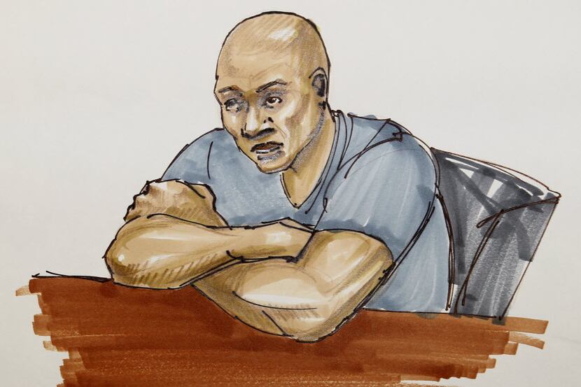 Former Cowboy Sam Hurd is pictured in a courtroom artist's sketch. He faces 10 years to life...
