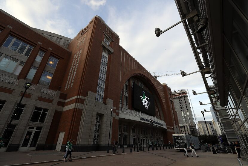 A exterior view of American Airlines Center before  a game between the Anaheim Ducks and the...