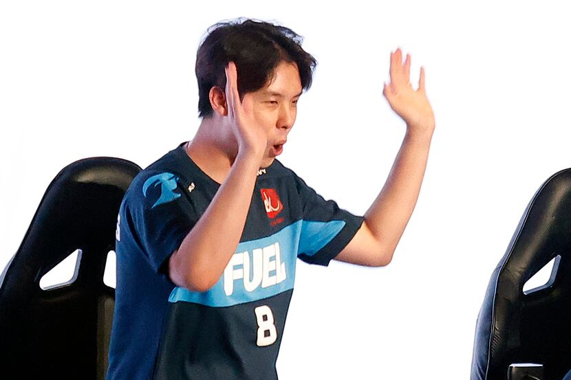 Dallas Fuel player Lee “Fearless” Eui-Seok celebrates after defeating the Houston Outlaws in...