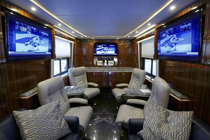 The Dallas Cowboys have a new luxury bus, a Prevost Marathon Coach. This the lounge area in...