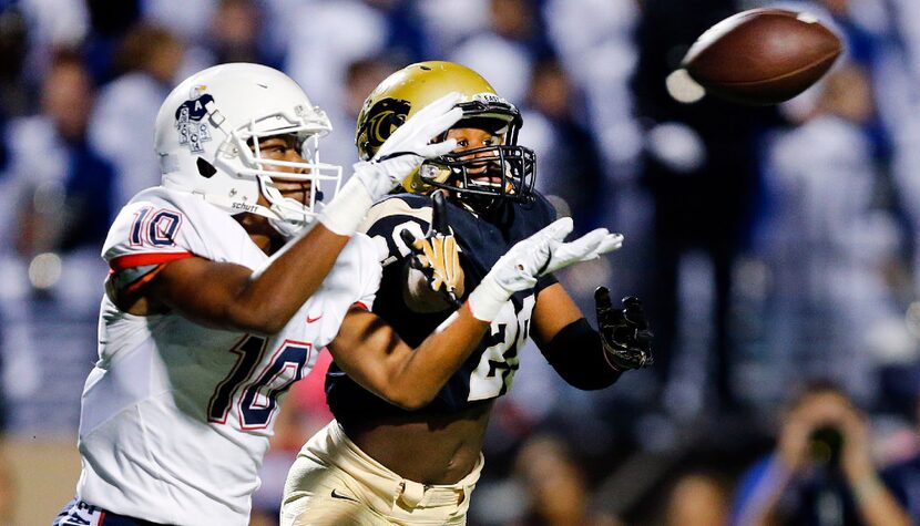 Allen High wide receiver Theo Wease (10) and Plano East High defensive back Zach Nwachukwu...