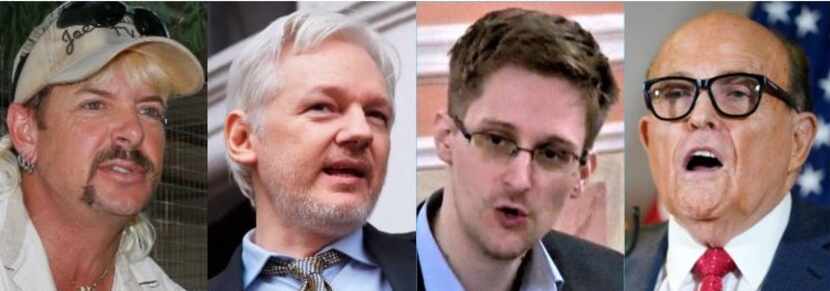 From left: "Joe Exotic," aka the "Tiger King," WikiLeaks founder Julian Assange, former...
