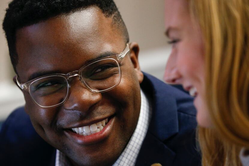 SMU student body president Darian Taylor, left, with Molly Patrick during a meeting of the...