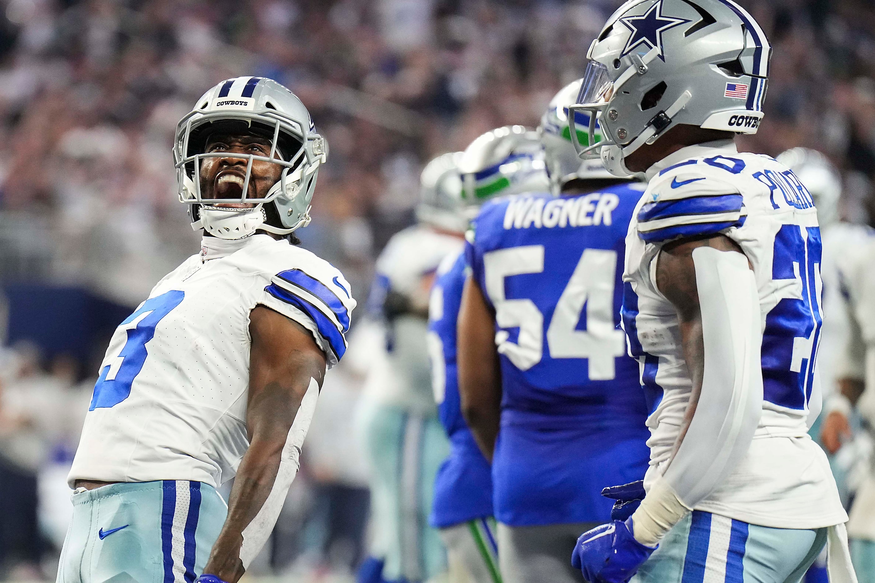 Dallas Cowboys wide receiver Brandin Cooks (3) celebrates after catching a 7-yard touchdown...